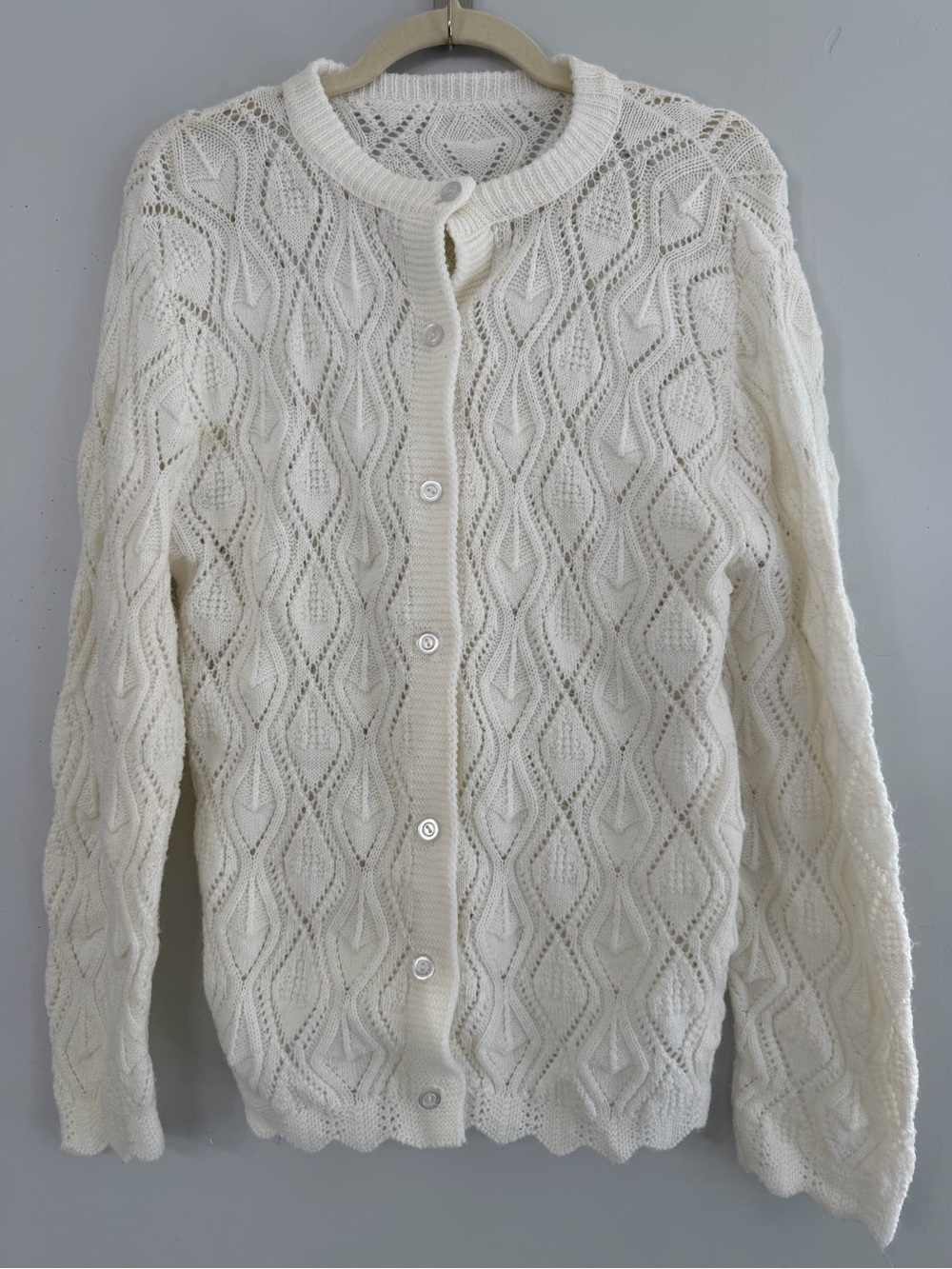 Handmade knit crochet white ivory scallop hem button up cardigan